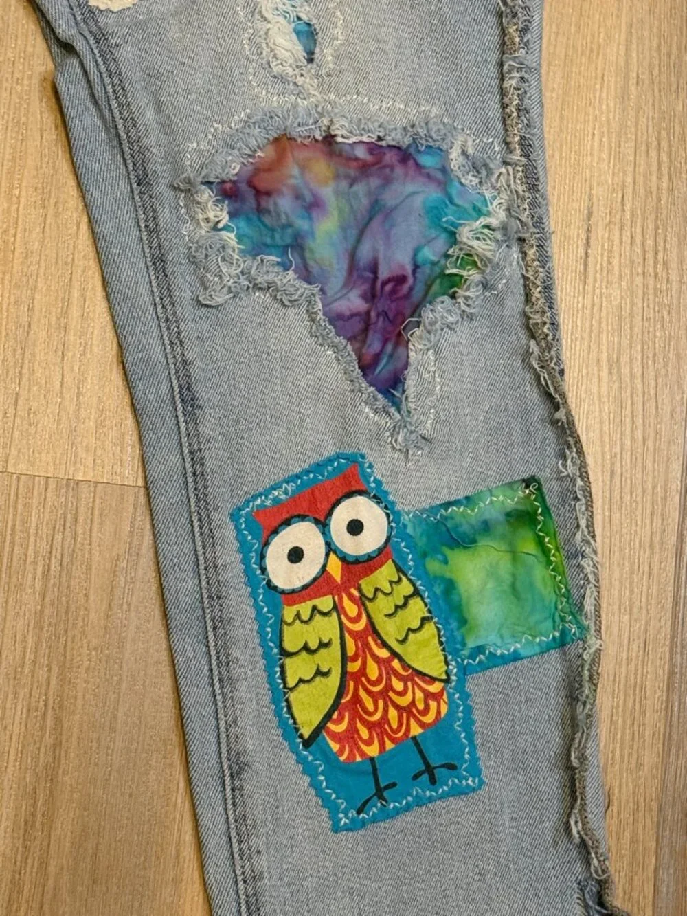 Upcycled Owl Patchwork Jeans | Wide Leg Denim, Visible Mending Art, Cropped Hem